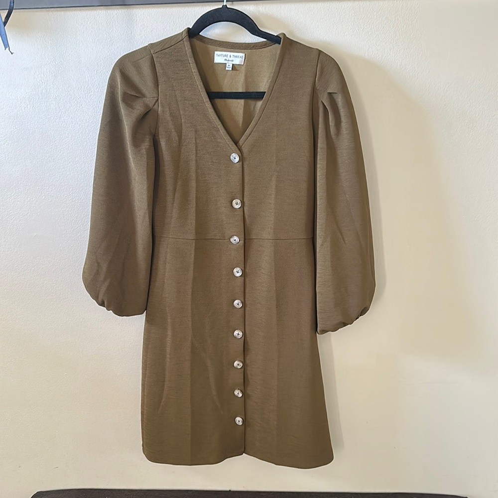 madewell olive green brown thread and texture dress